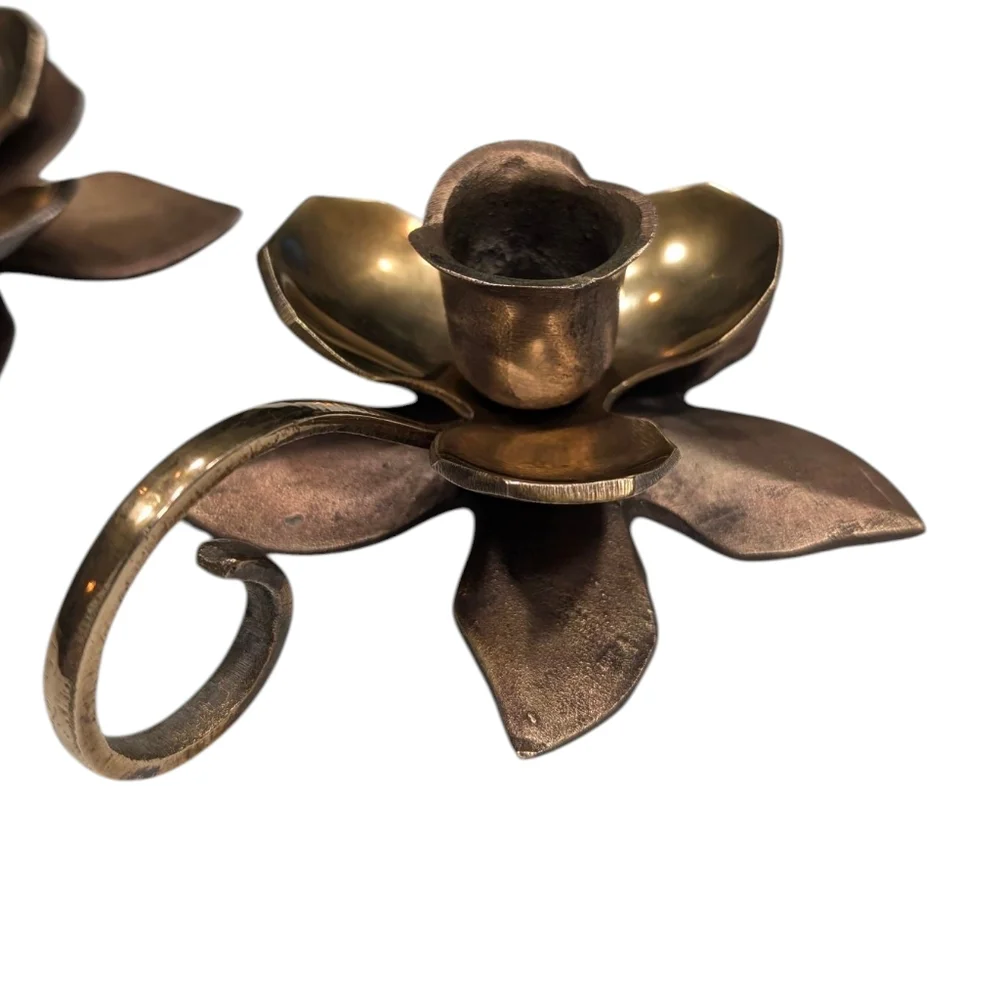 (2) Vintage Brass Lotus Rustic Chambersticks.